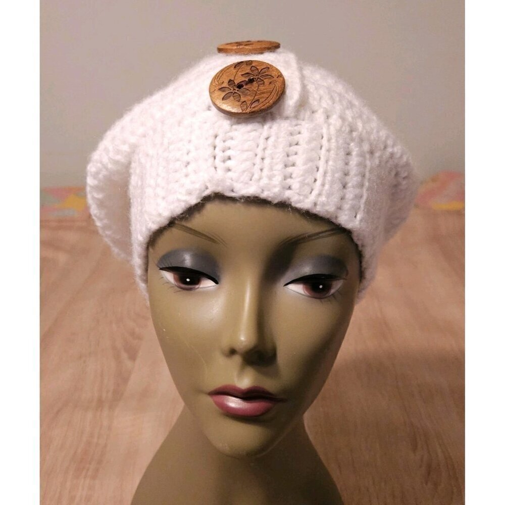 Hand-Made - Knitted Winter Beanie Beret Three Button Knit Hat - One-Size  White